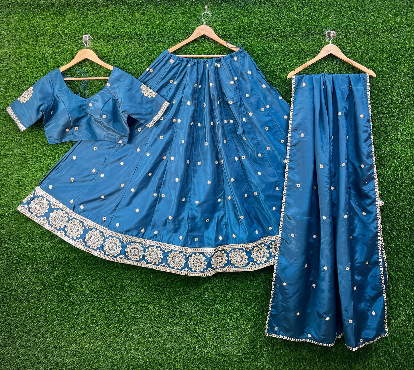 Petrol Blue - Silky Lehenga Set - Mehndi / Sangeet / Bridesmaids / Weddings / Garba - Size UK 12 (38" Bust) Adjustable to Size 14 - UK Stock - 24h Dispatch - AF2602 02TY26