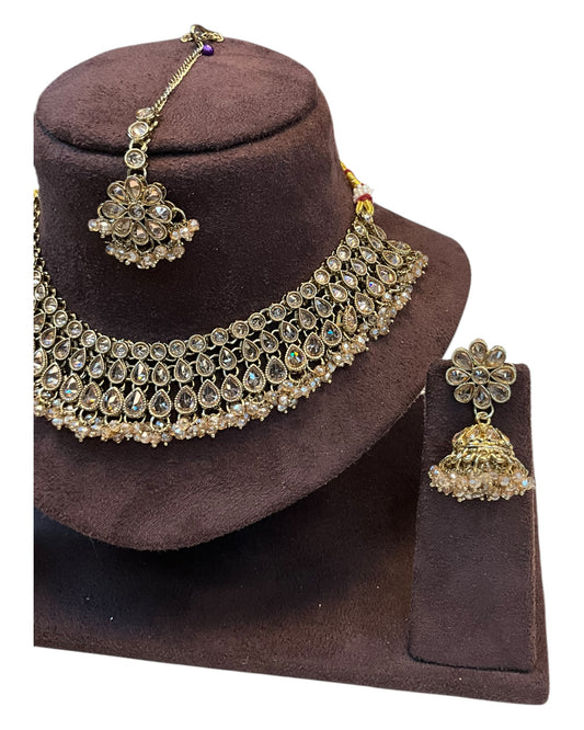 Rose / Neutral / Crystal - Large Size Antique Gold Finish Necklace Set with Earrings & Tika Head piece - PRI1787  KY 0525