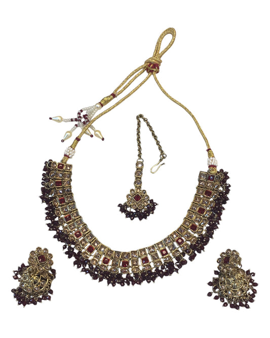 Maroon - Medium Size Antique Gold Finish Necklace Set with Earrings - PRI1786 11H24