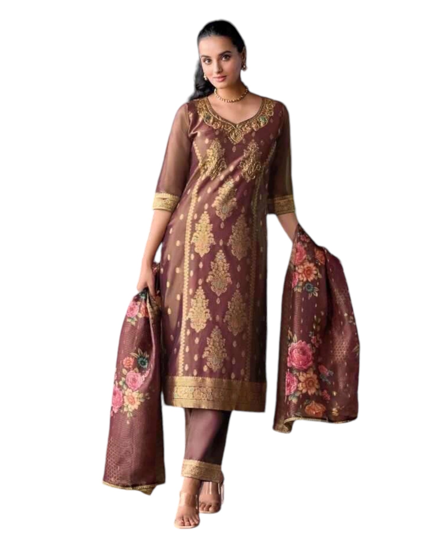 Magenta Pink - Banarasi Handloom Ladies Indian Salwar Suit with Printed Dupatta - Available in Size 10 (36") LL-FAR22406 TY 1024