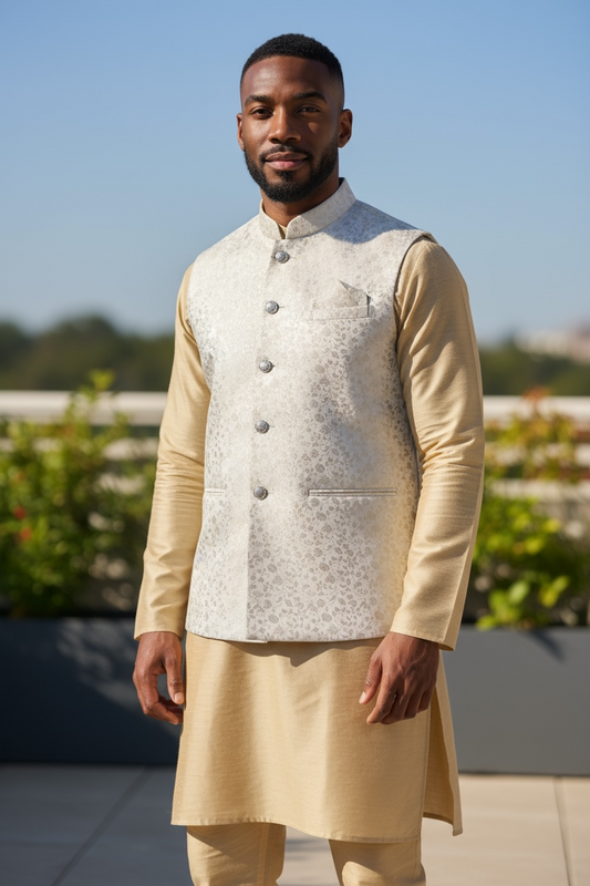 Off White / Cream  Self Banarasi Brocade - Premium Mens Waistcoat - VNS-JKT16 10KP25