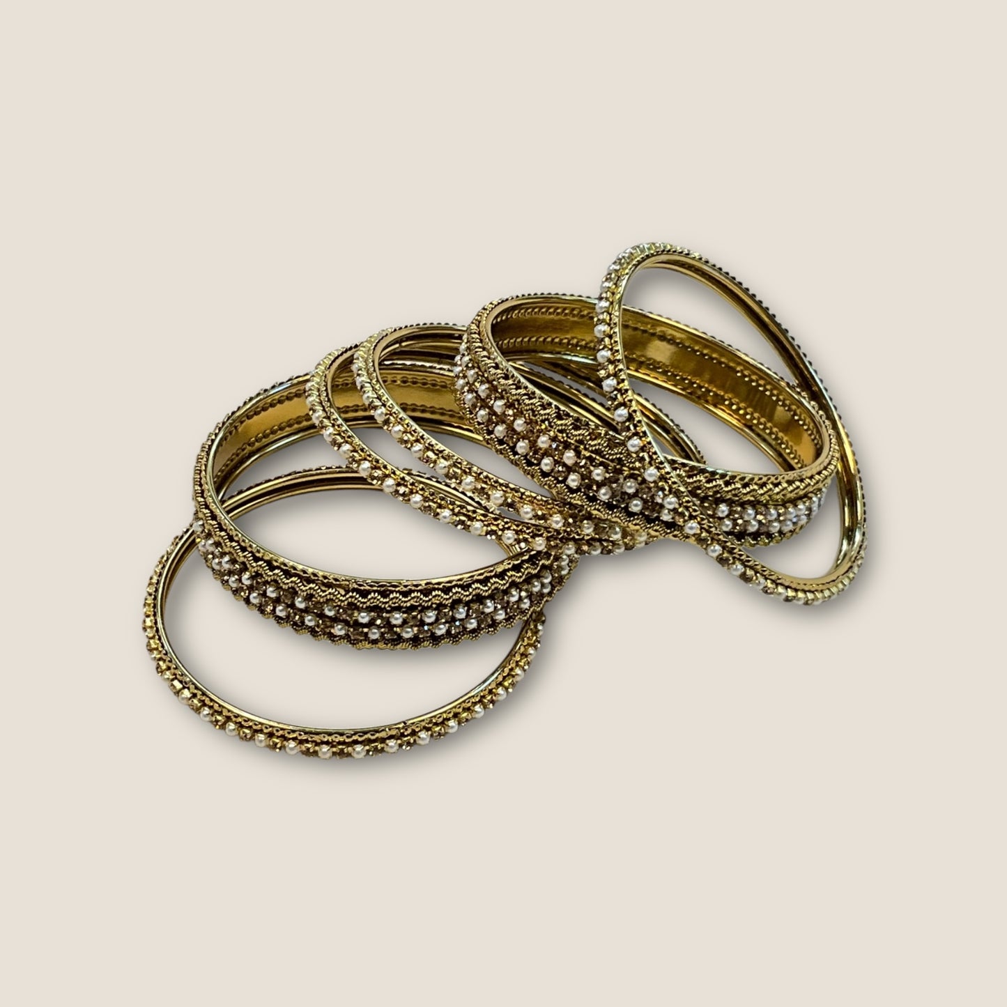 Gold Stone and Pearl - Antique Gold Finish Bangles Set (Set of 6) - UK stock - SM, M, L, XL JAN1853 09Vp25