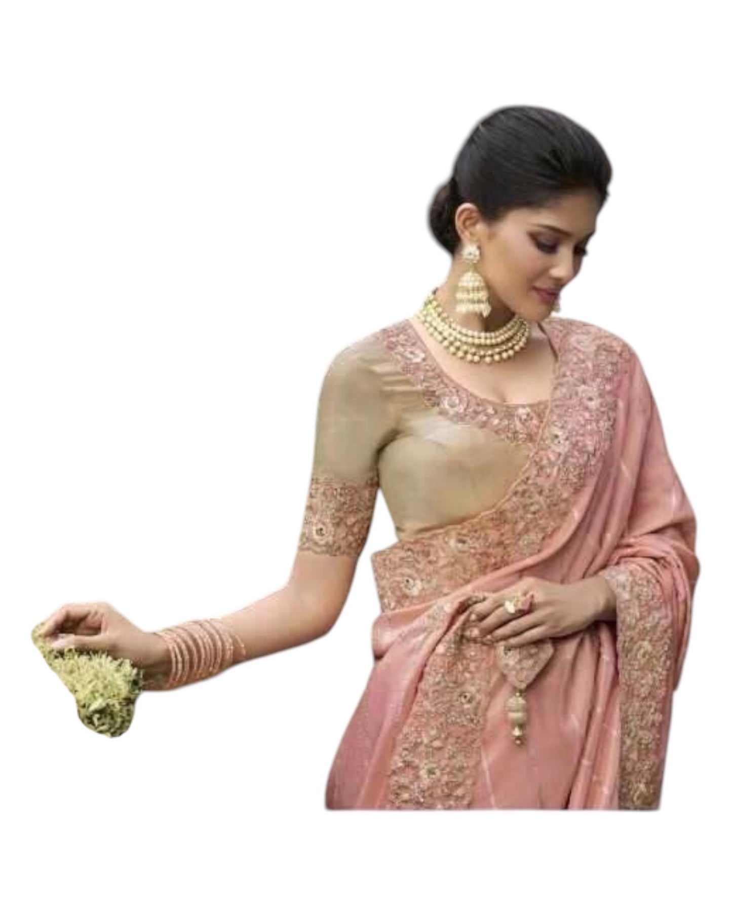 Peach - Handloom - Designer Embroidered Saree with Blouse Piece - SULBRI4012 PY 0425