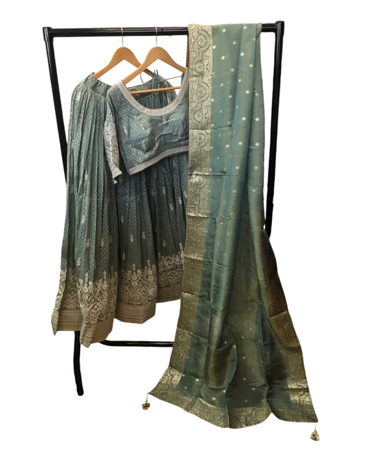 Sea Green -Banarasi Handloom Lehenga Set - Size 12 / 38" - Weddings , Sangeet, Henna, Haldi - 24h Dispatch - KTC241009 PY