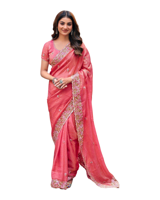 Coral Pink - Fancy Party Saree with Blouse Piece - UK stock - 24hr Dispatch - LTF4603 07VY26