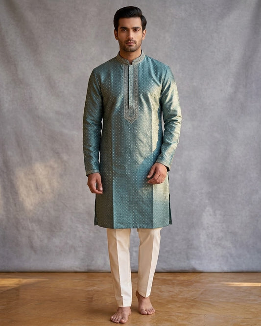 Sea Green - Banarasi Handloom Brocade Mens Indian Kurta set with Trousers - UK Stock - Weddings / Walimas , Sangeet, Diwali, Eid, Mehndi / Henna - VEE3011 KC