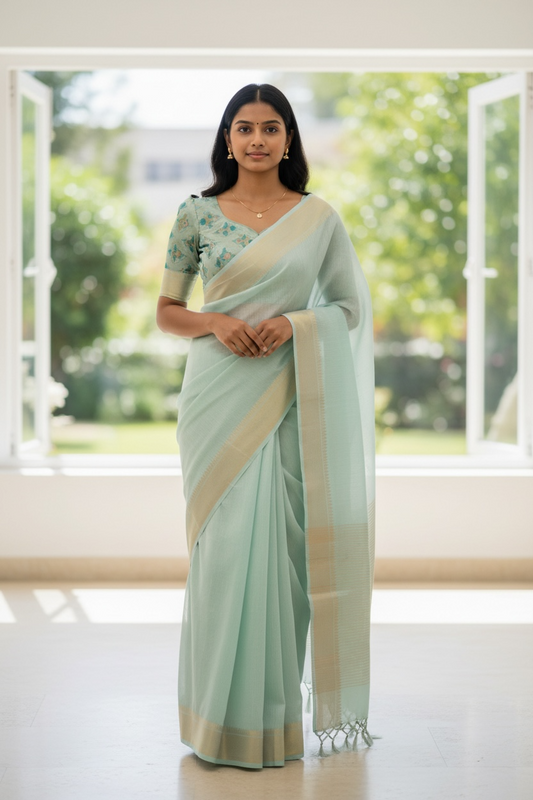 Sea Green - Fancy Cotton Silky Saree with Brocade Blouse Piece - UK Stock - 2/3 days Delivery 12KP25 RT411001