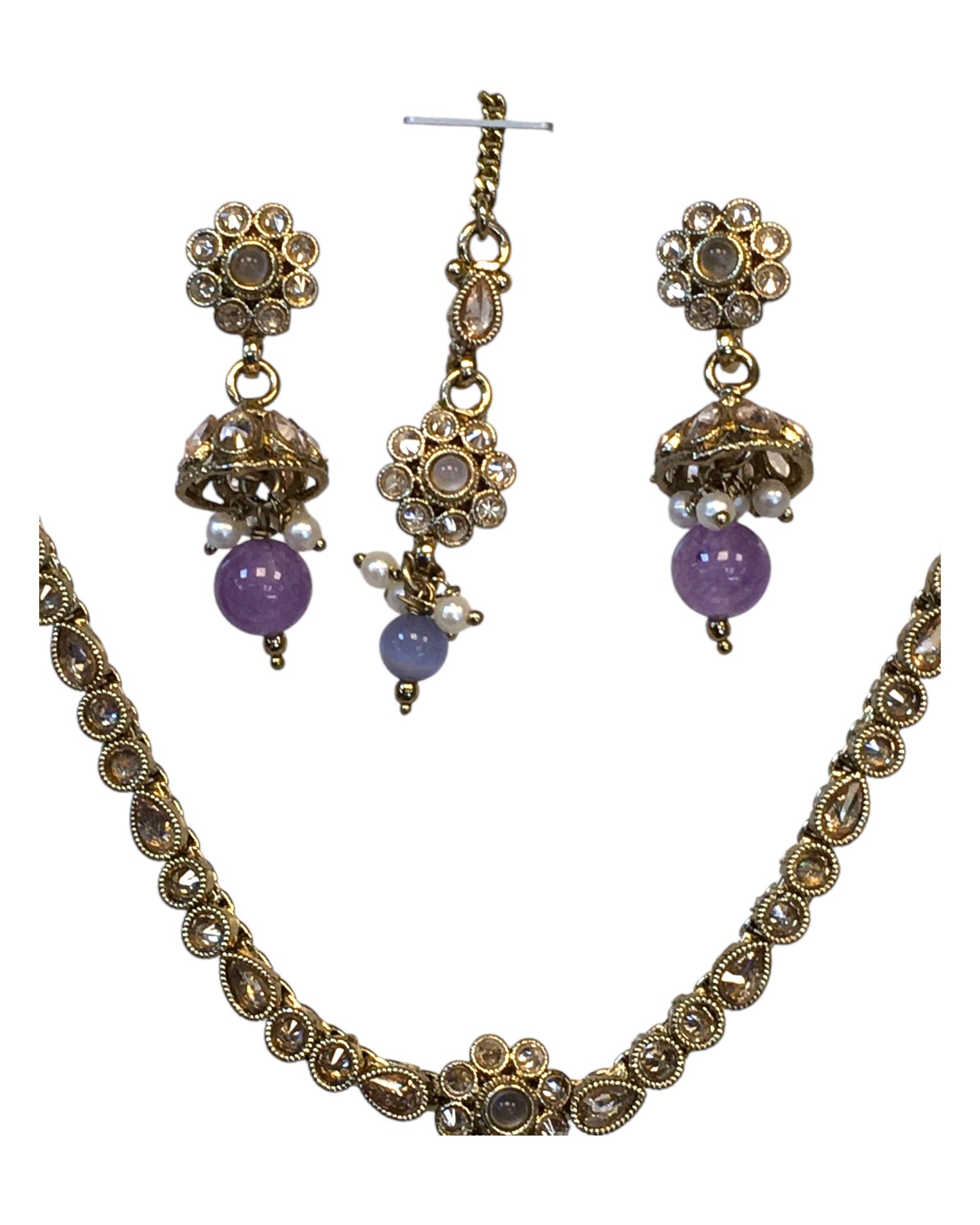 Lilac - Small Size Antique Gold Finish Necklace Set with Earrings & Head Piece /Tika- SLV79 11A24