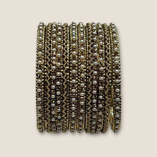Gold Stone and Pearl - Antique Gold Finish Bangles Set (Set of 6) - UK stock - SM, M, L, XL JAN1853 09Vp25