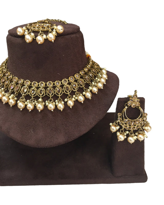 Gold / Nuetral - Large Size Antique Gold Finish Necklace Set with Earrings - VJY403 C 0424