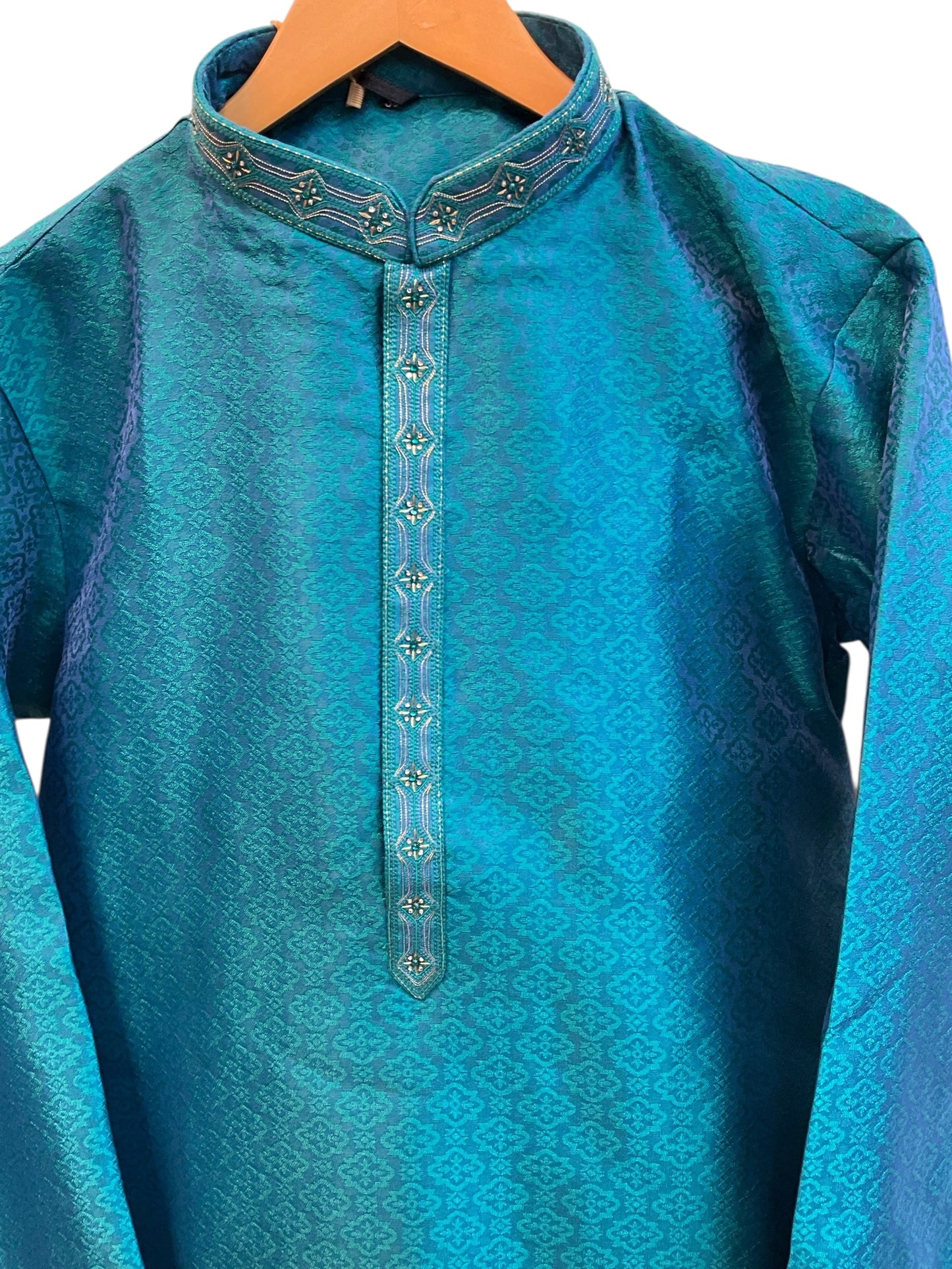 Turquoise Blue - Banarasi Handloom Brocade Mens Indian Kurta set with Trousers - UK Stock - Weddings / Walimas , Sangeet, Diwali, Eid, Mehndi / Henna - VEE2459 VR