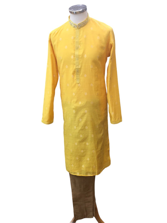Haldi Yellow Handloom Banarasi Mens Kurta Set - UK Stock - 24h Dispatch - Karbhari35 VT 0223
