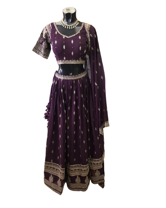 Wine - Soft Crepe Lehenga Set - Size 12(38") Expandable to size 16 - UK Stock - 24h Dispatch - SWA2405 JA 0424