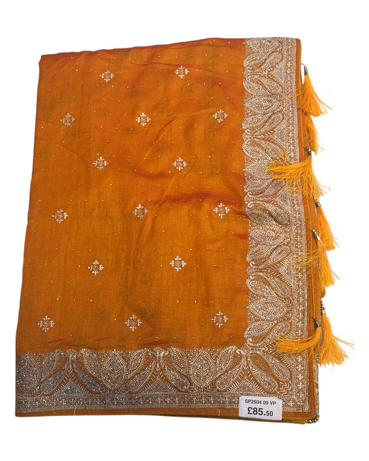 Amber / Burnt Orange - Silky - Party Wear Embroidered Saree with Blouse Piece - SP250409 VP