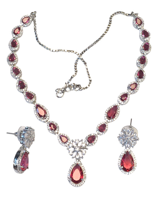 Magenta - American Diamond Style Silver Finish Small Size Necklace Set with Earrings - AE2422 11H24