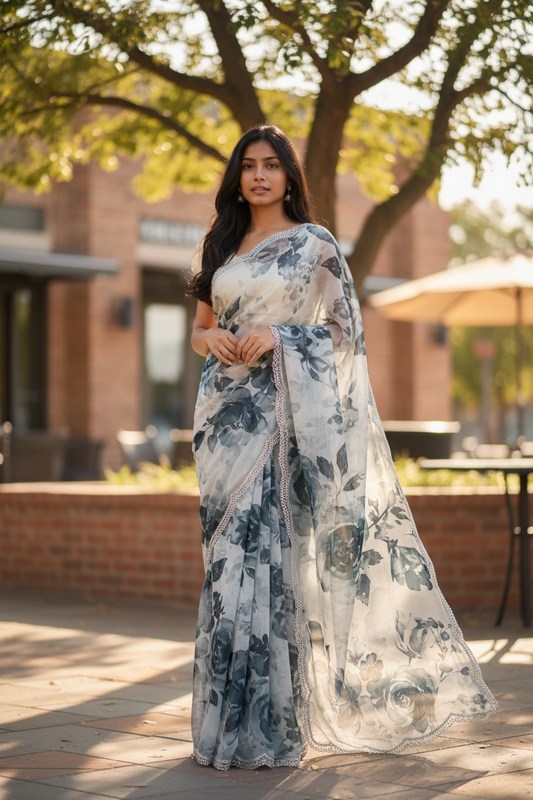 Teal Floral - Classic Satin Crepe Saree with Stone Work and Blouse Piece - UK stock - 24hr Dispatch - RS2536 VR
