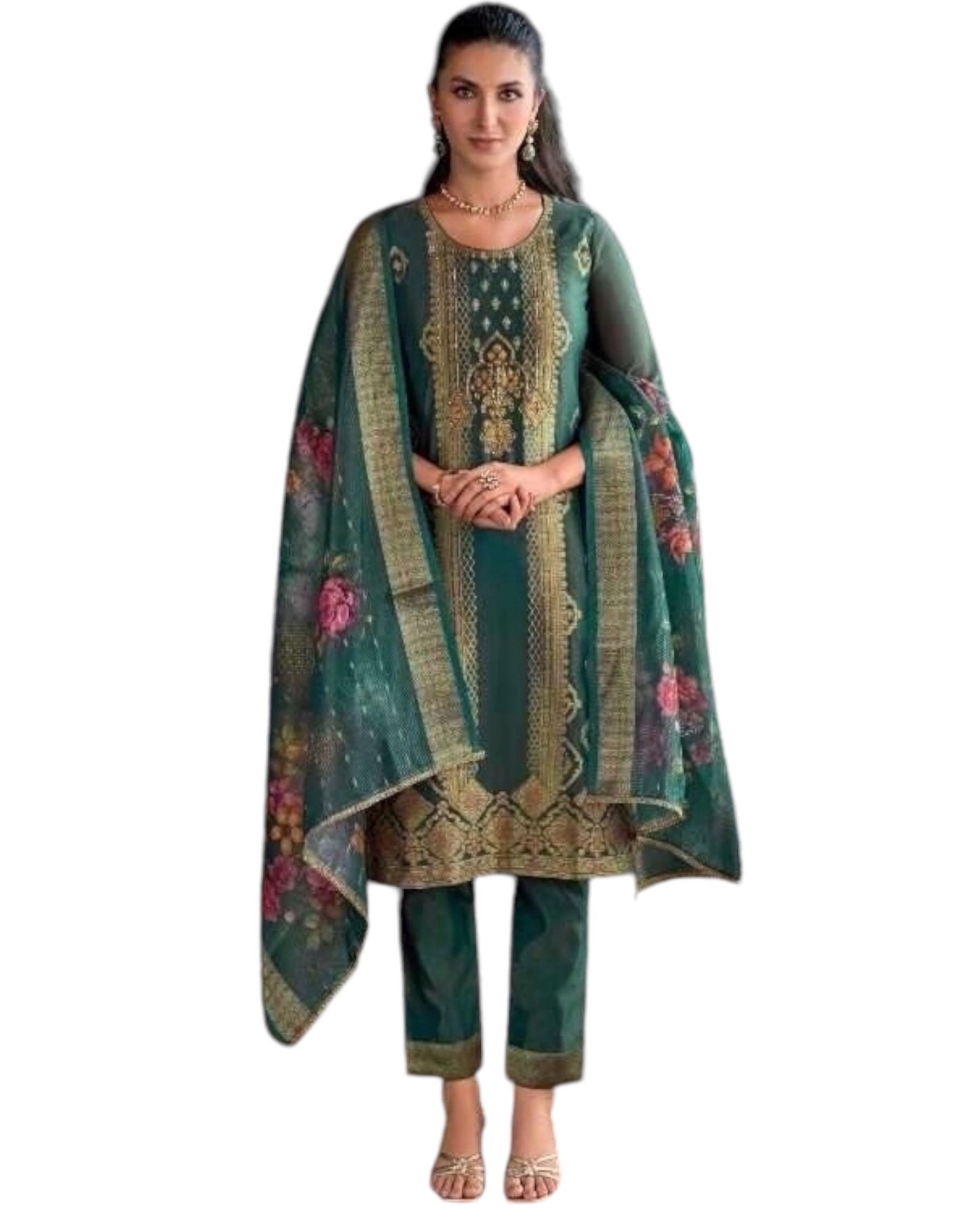 Teal Blue - Banarasi Handloom Ladies Indian Salwar Suit with Printed Dupatta - Available in Size 10 (36") LL-FAR22402 TY 1024