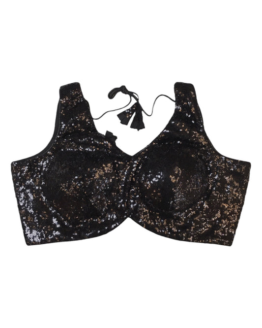 Black - Full Sequins Saree blouse with cups, Sleeveless - 38" - UK Stock - Quick Delivery - RNK - R949-KK