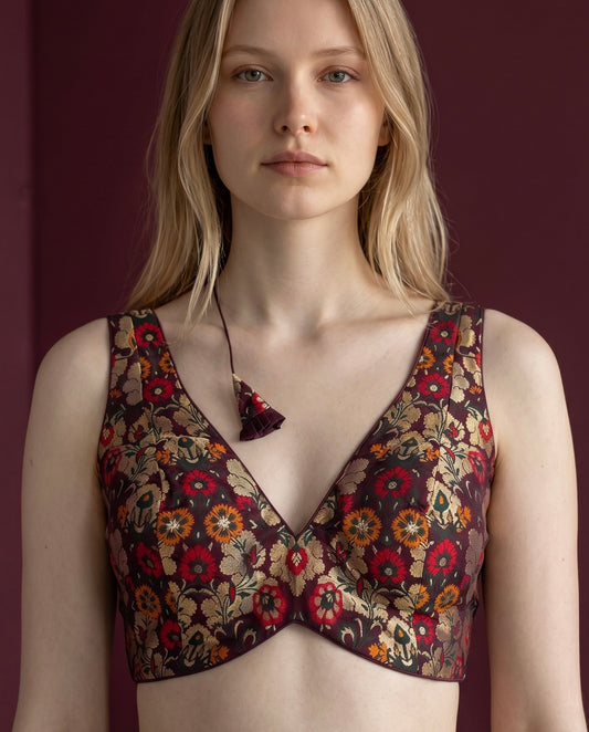 36" / UK 10 - Wine - Rich Banarasi Designer Saree blouse with cups, Sleeveless - UK Stock - Quick Delivery - RNK - R1007-KK