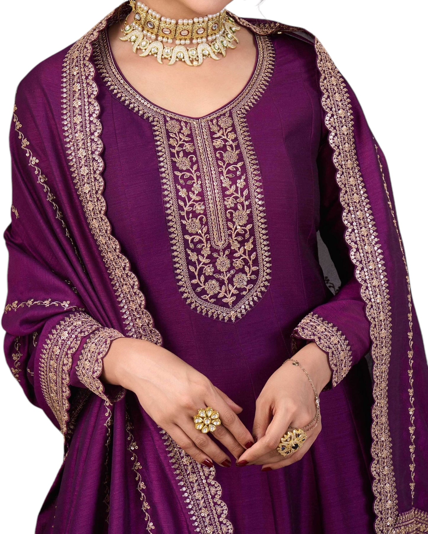 Cotton / Silky Wine / Purple Anarakali Long Dress with Trousers - Size 10 (Bust 36") - VF67746 TY 1024