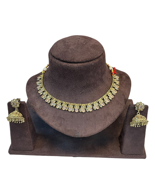 Pink - Medium Size Antique Gold Finish Necklace Set - AE2508 H 0525