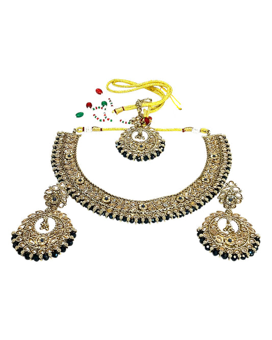 Black - Medium Size Antique Gold Finish Necklace Set with Earrings - SJ07 08KY25