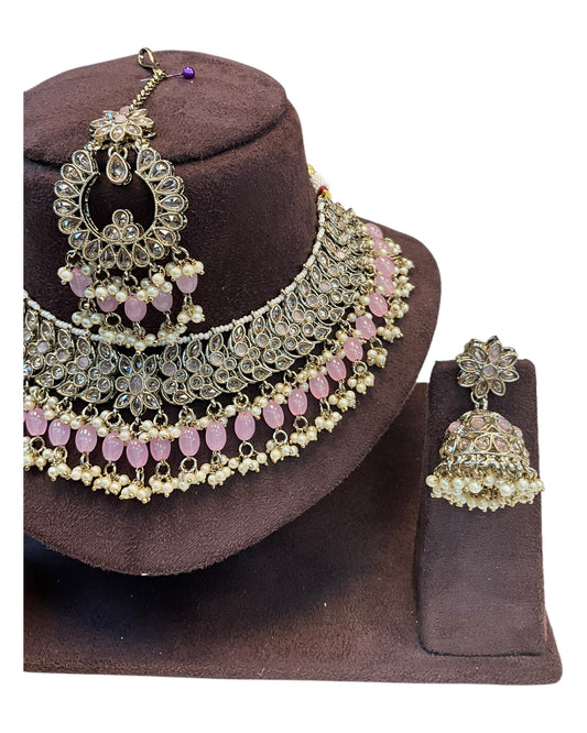 Pink - Large Size Antique Gold Finish Necklace Set with Earrings & Tika Head piece - GGA07 KT 0525