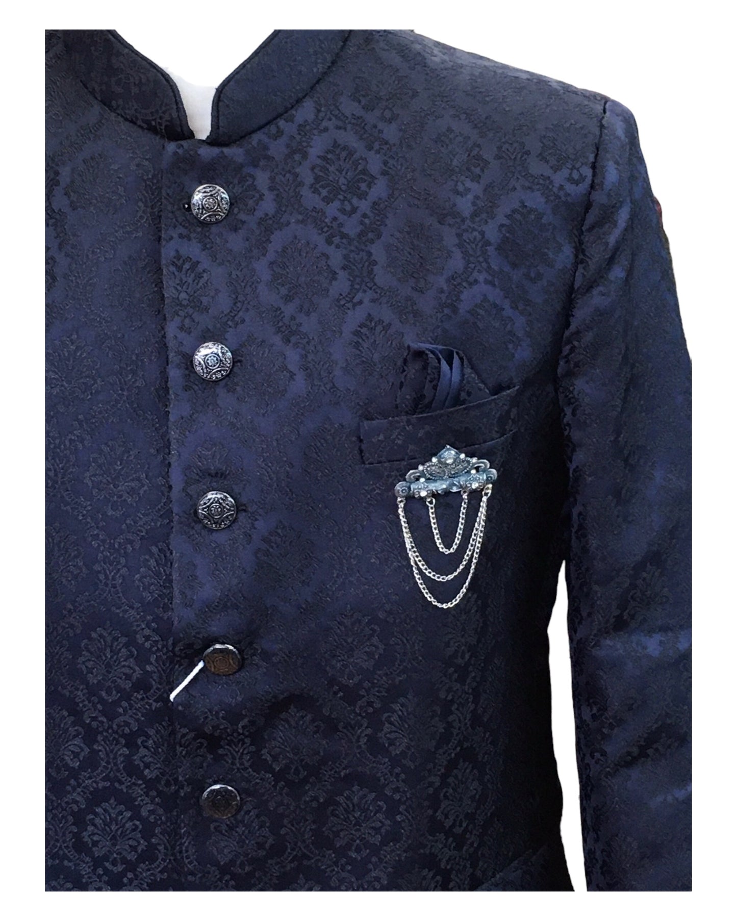 PREMIUM Slim Fit Mens Navy Blue Self Brocade BandhGala / Prince / Chinese Collar Jacket - Fantastic Fit - CS2411 TP 0524
