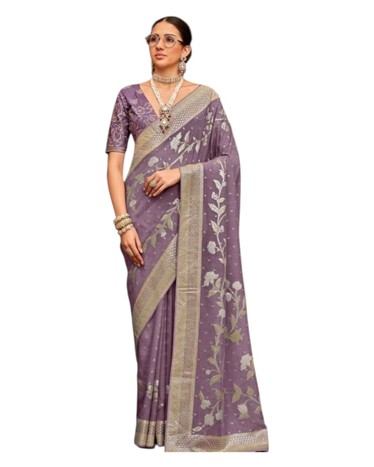 Lilac - Handloom - Chiffon Banarasi Saree with Blouse Piece - JOH1609 10TV25