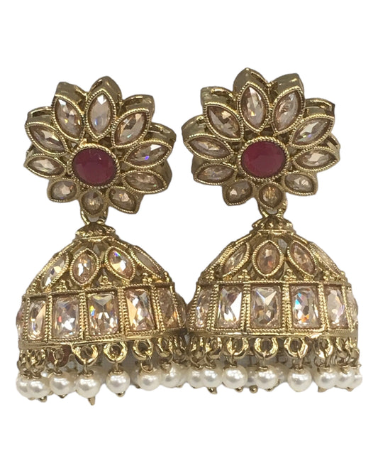 Magenta - Medium - Antique Gold Finish Traditional Zhumki Earrings - Bollywood - Weddings - SV2409 Rp 0724