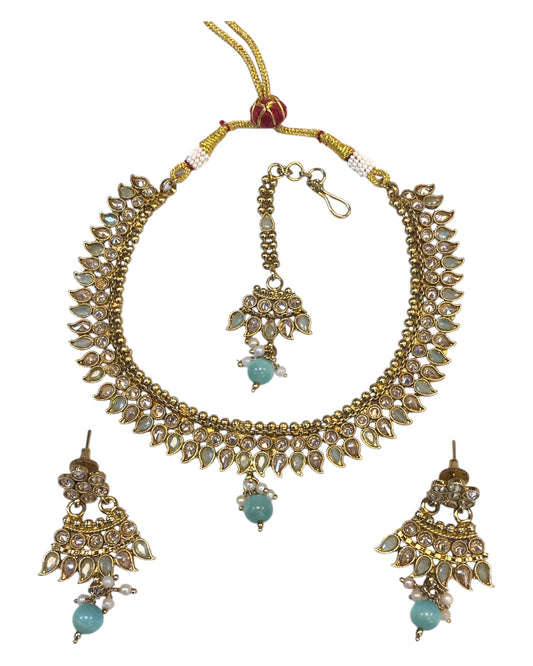 Sea Green - Antique Gold Finish Necklace & Earrings Set - Bollywood - Weddings - KAJ1018 11C24