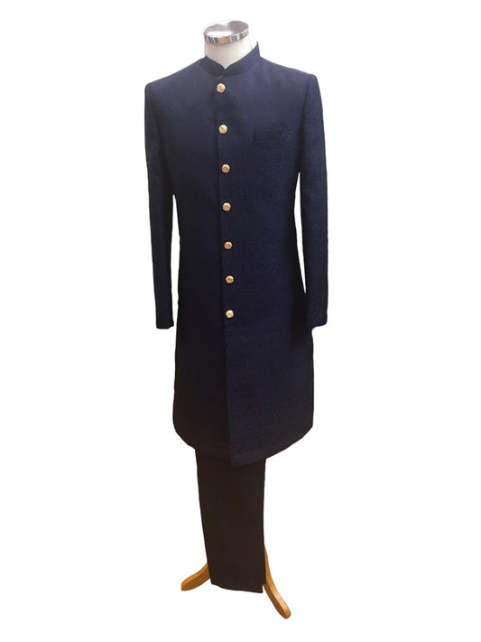 Navy Blue - Classic Self Brocade Sherwani with Gold Buttons - BS786 JP 0823