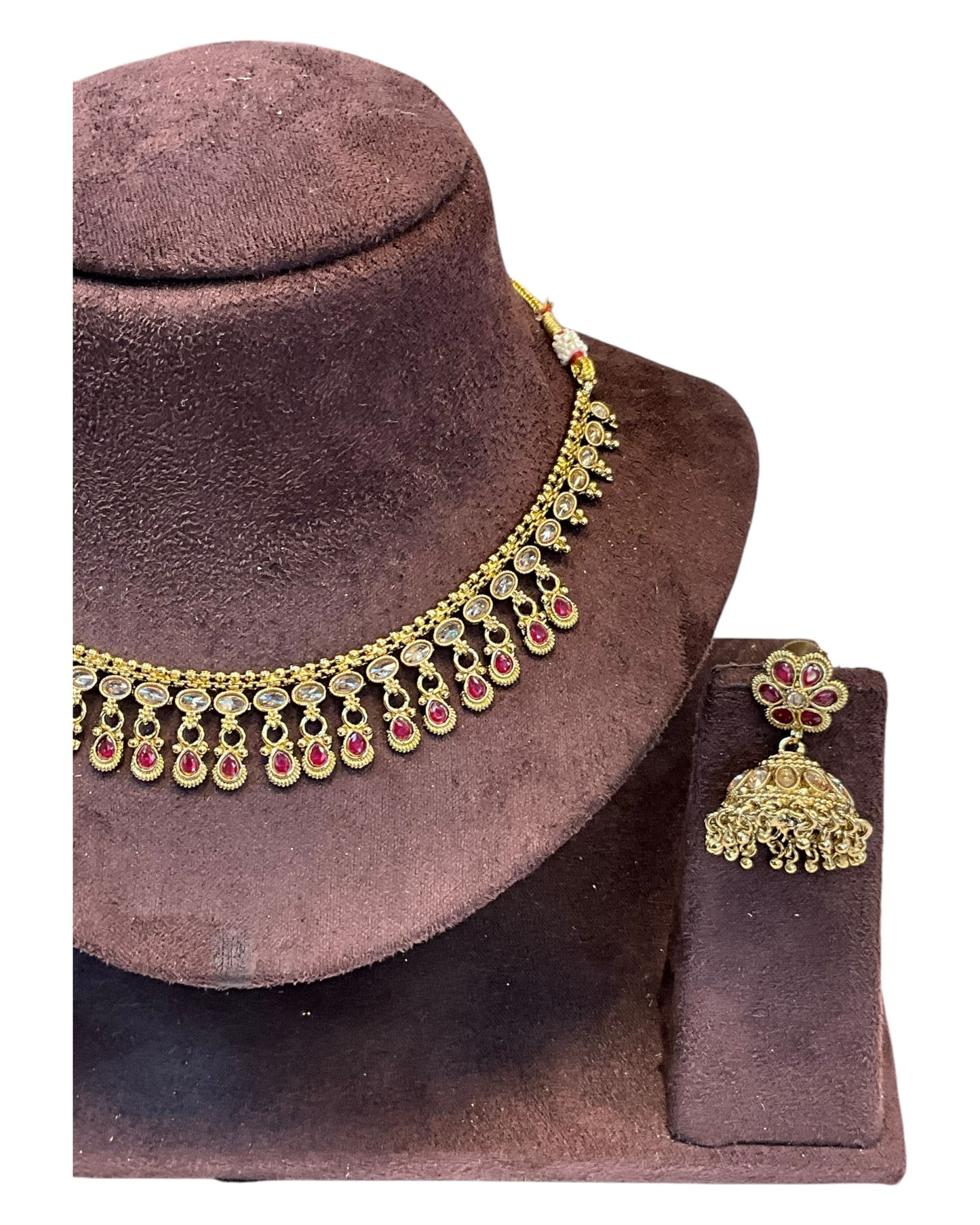 Magenta - Small Size Antique Gold Finish Necklace Set - AE2506 C 0525