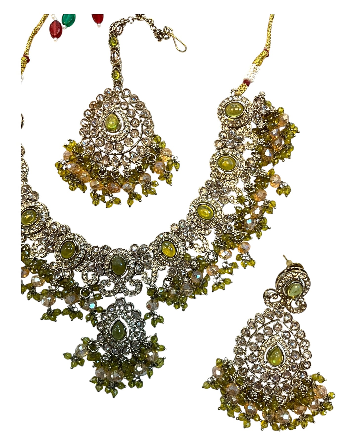 Mehndi Henna Green - Large - Antique Gold Finish Necklace Set with Earrings & Head Piece - AE2512 08KV25
