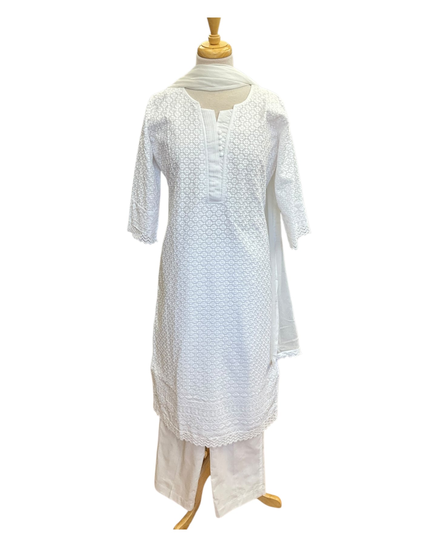 White - Cotton Ladies Salwar Kameez with Chiffon Dupatta - Elbow Length Sleeves - Funeral / Church KTC250401 KR