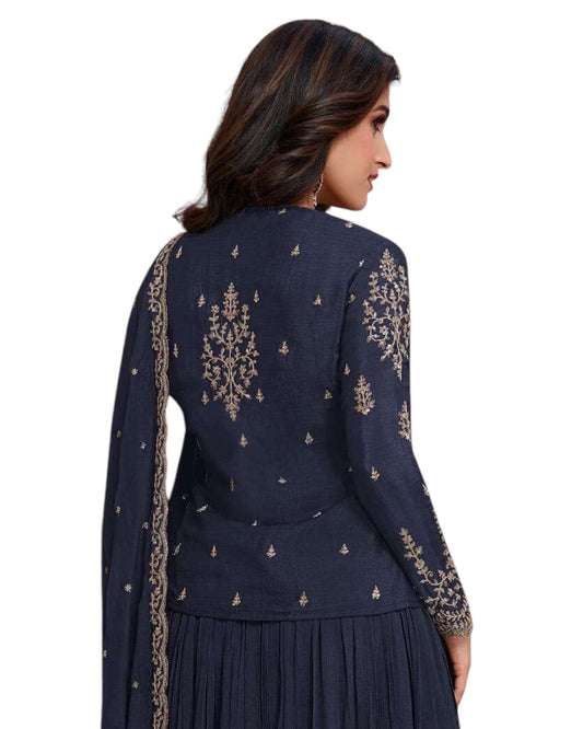 Chiffon - Navy Blue Anarakali Long Dress with Trousers - Size 12 (Bust 38") - Inside Margin to let out ( 3 to 4")VF66575 TY 1024