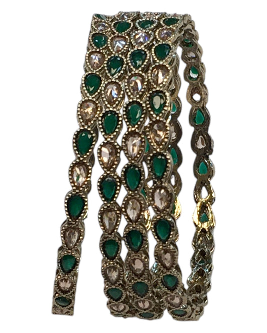 Antique Gold Finish GREEN Reverse Stone Bangles (Set of 4) - Mix N Match - NBA2401Jp