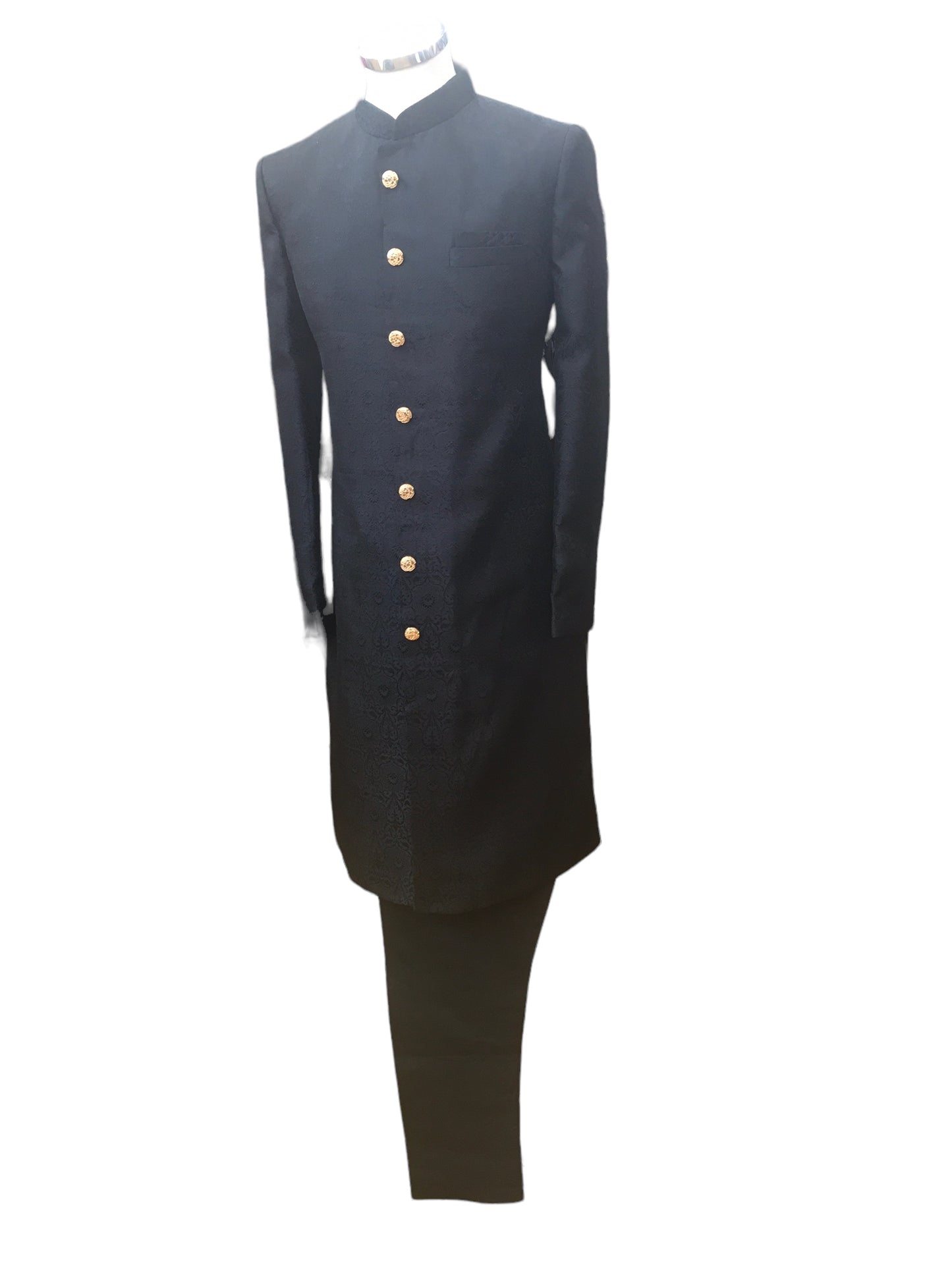 Black - Classic Self Brocade Sherwani with Gold Buttons - BS786 JP 0823