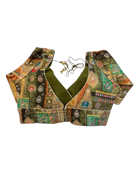 Olive / Mehndi / Henna Green - Banarasi Brocade Saree / Lehenga blouse - 36" Bust (UK 10) Can be let out to size 12 - VFJ204 01KP25