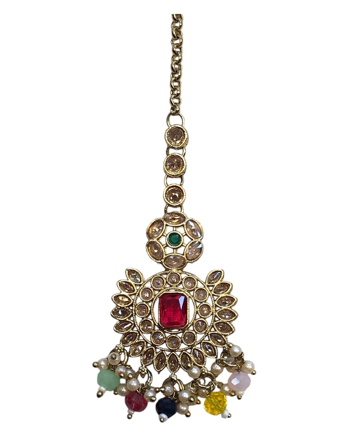 Multi Coloured - Large - Antique Gold Finish Traditional Tika Head piece - Bollywood - Weddings - PRI1773 11V24