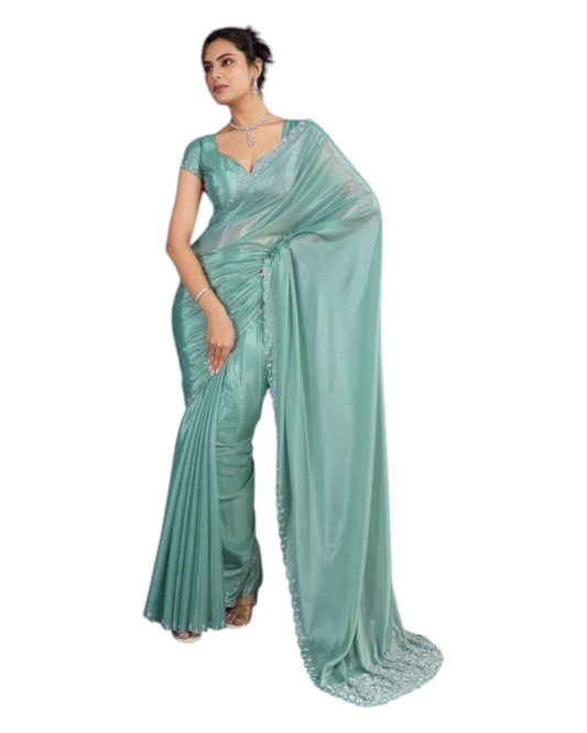 Sea Green - Crepe Chiffon - Diamante Border Saree with Blouse Piece - DAZ56003 VY 0425