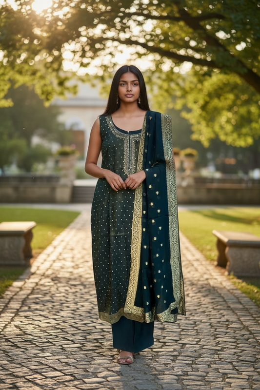 UK 14 / 40" - Dark Petrol Blue - Silky Brocade Ladies Trousers Suit - Sangeet / Henna / Temple - OC45067 TJ VA