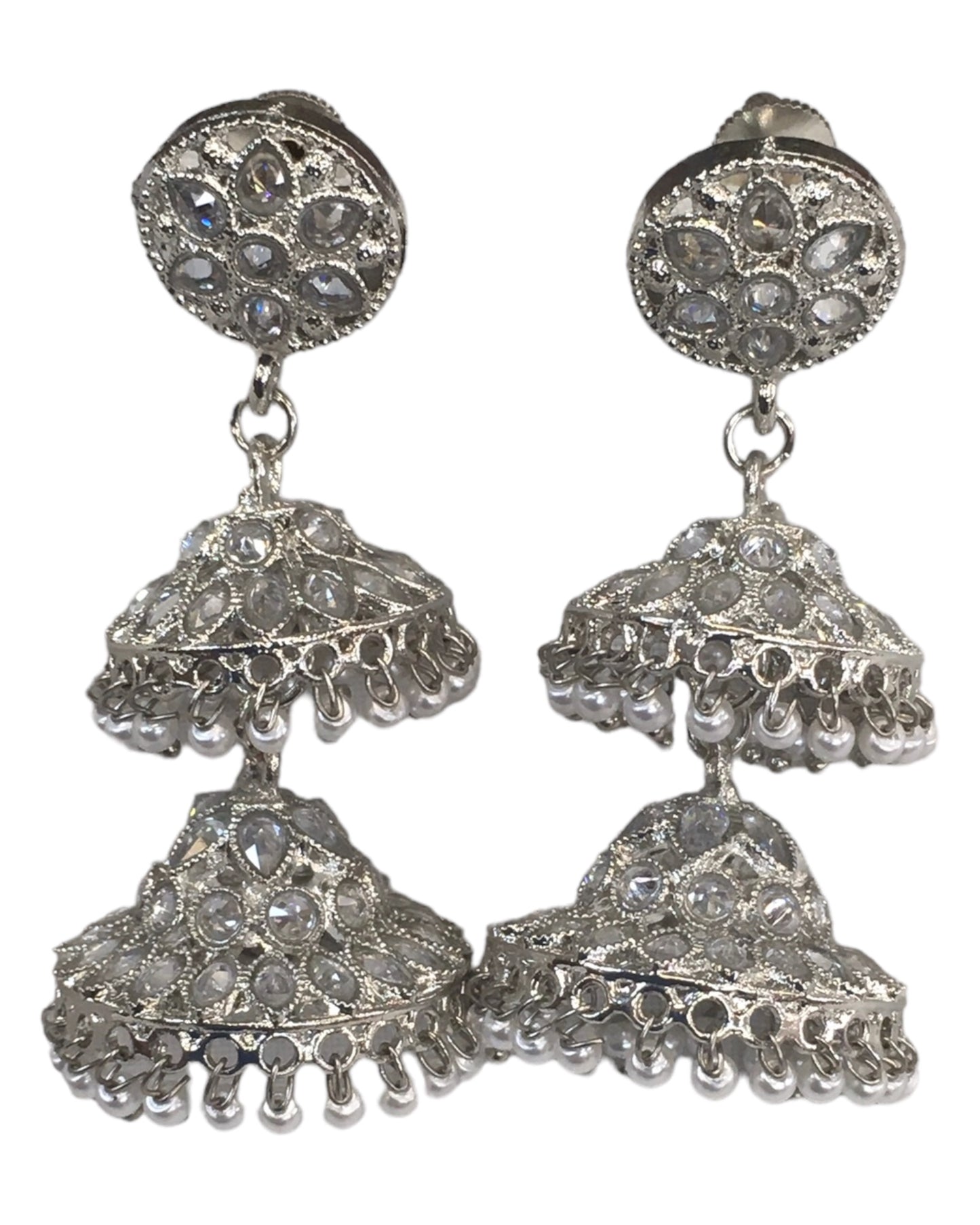 Clear Stone - Large - Silver Finish Traditional Zhumki Earrings - Bollywood - Weddings - HB992 C 0724