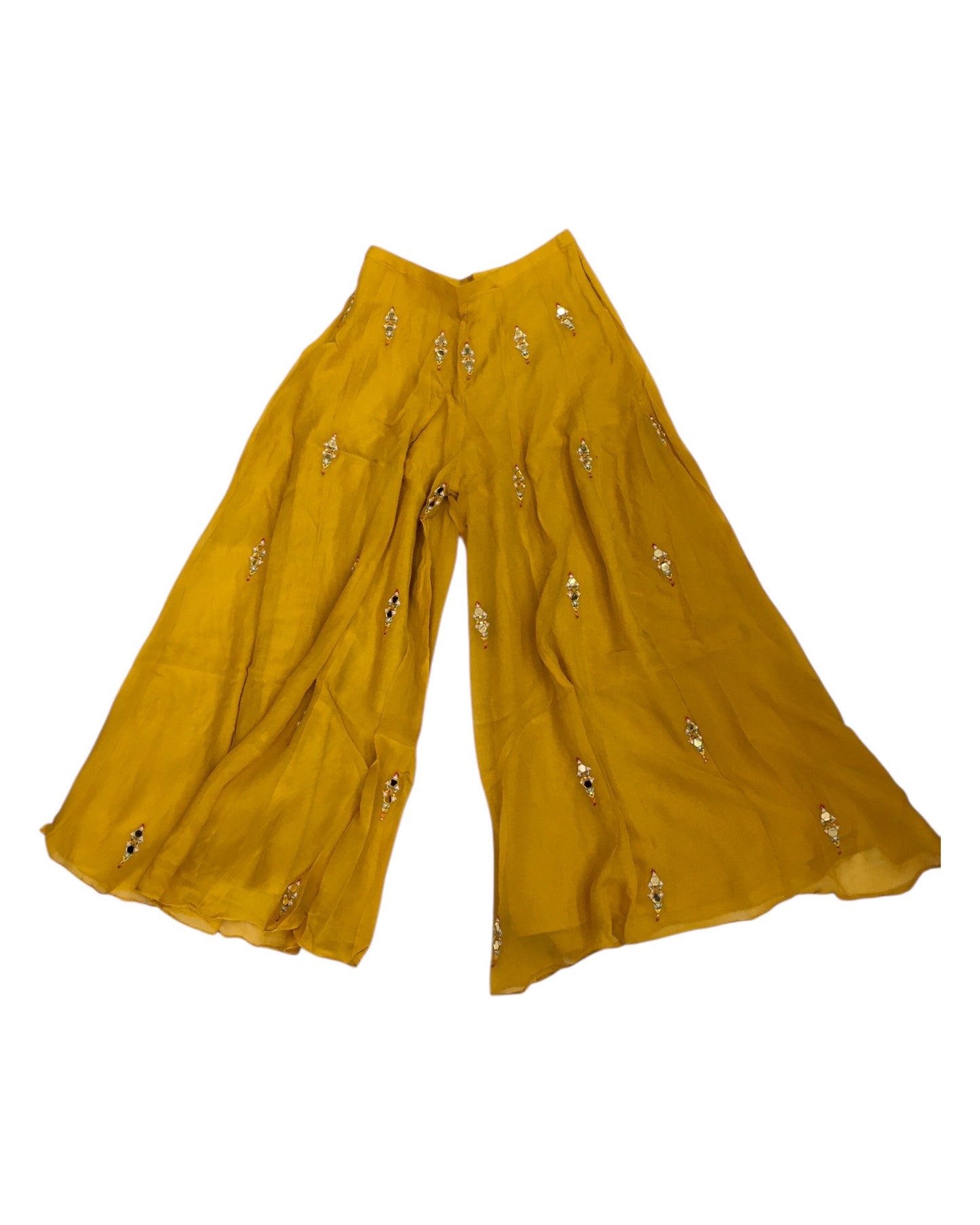 Haldi Yellow - Designer Ladies Short Top Palazzo Trousers Suit - Size 12 (38") - VMK POOJA CP