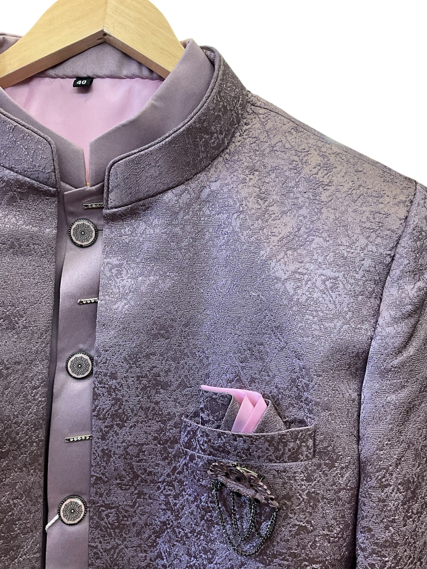 Pastel Lilac - PREMIUM Slim Fit Mens Self Brocade BandhGala / Prince / Chinese Collar Jacket with inside Waistcoat- Fantastic Fit - CS2505 03PY25