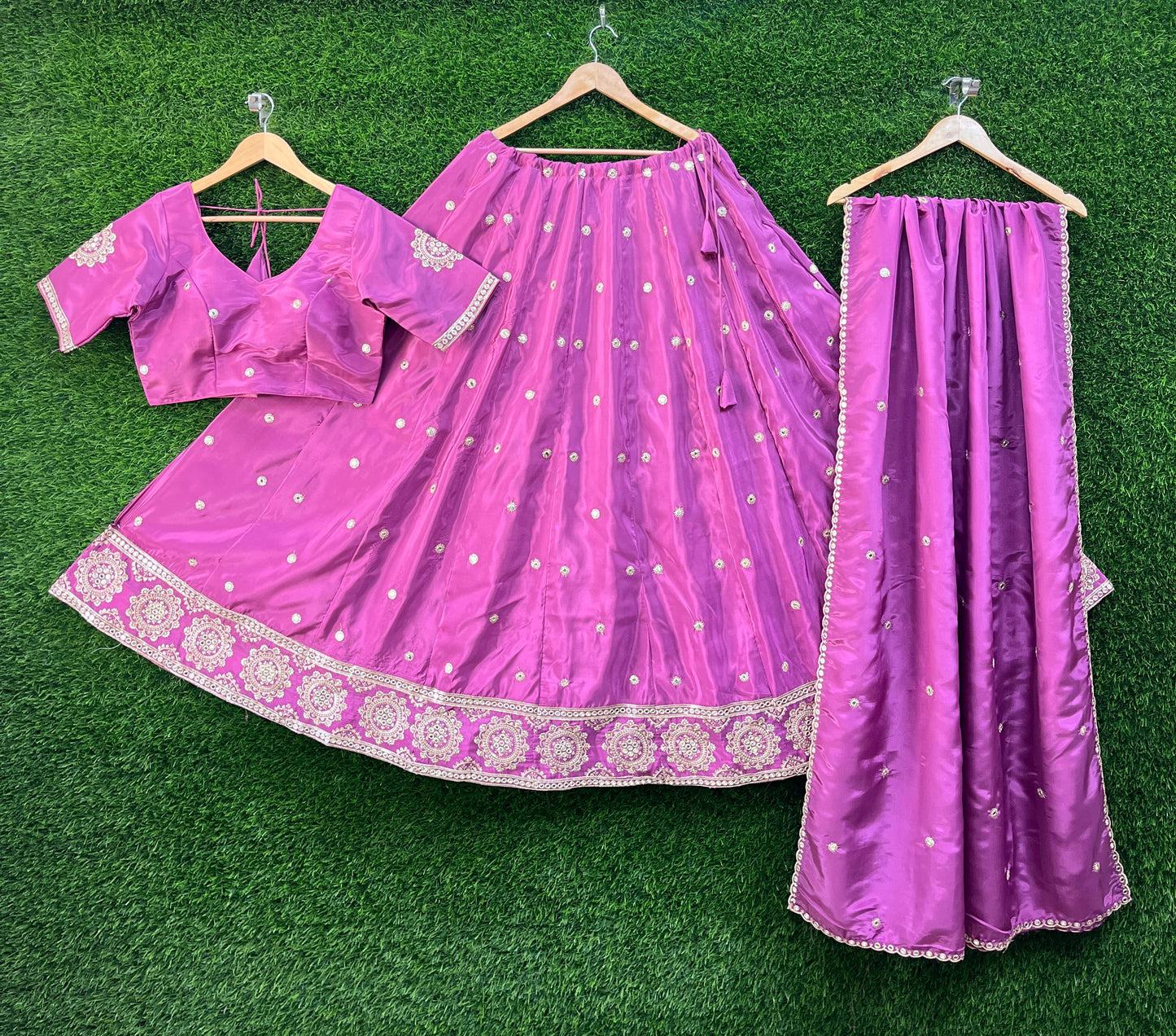 Pink - Silky Lehenga Set - Mehndi / Sangeet / Bridesmaids / Weddings / Garba - Size UK 12 (38" Bust) Adjustable to Size 14 - UK Stock - 24h Dispatch - AF2602 02TY26