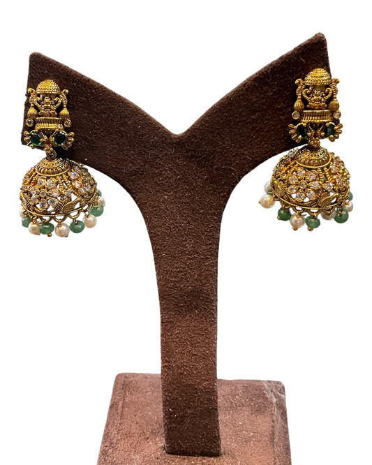 Green - Medium - Antique Gold Finish Traditional Earrings - Bollywood - Weddings - AE2611 P