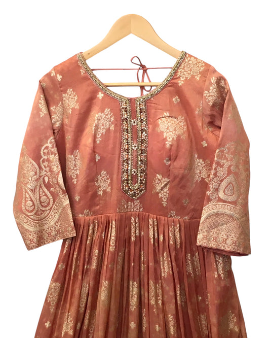 Banarasi Silky Peach / Coral Anarakali Long Dress with Trousers - Size 10, 14 and 18 - KTC241070TT