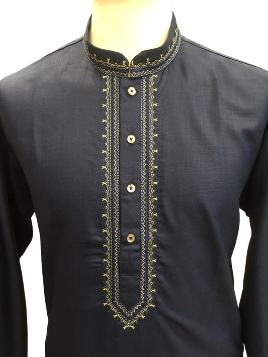 Navy Blue - Cotton Mens Kurta Set with Thread Embroidery- Sangeet Mehendi Haldi - KCS1038 KV 1123