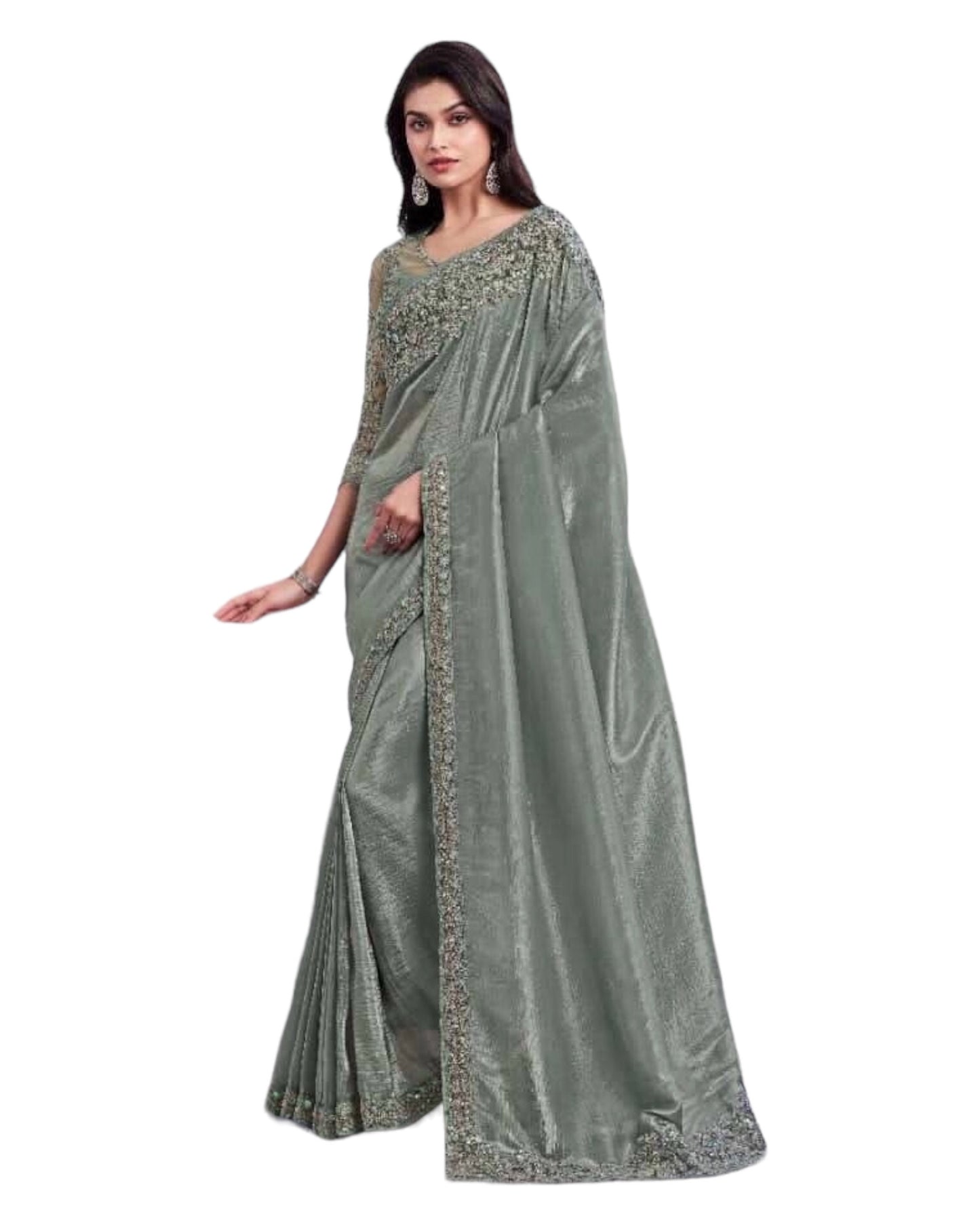 Grey - Chiffon Saree with Fancy Ready made Blouse - SS29016 TP 0624